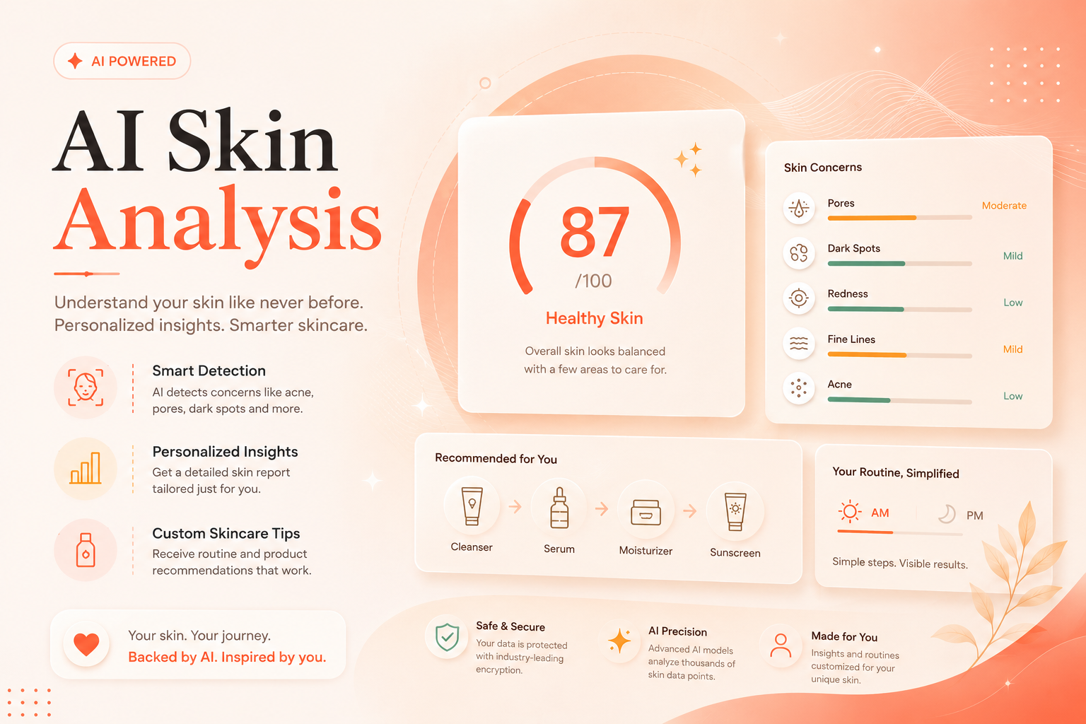 AI Skin Analysis poster showing a wellness score dashboard and skincare recommendations